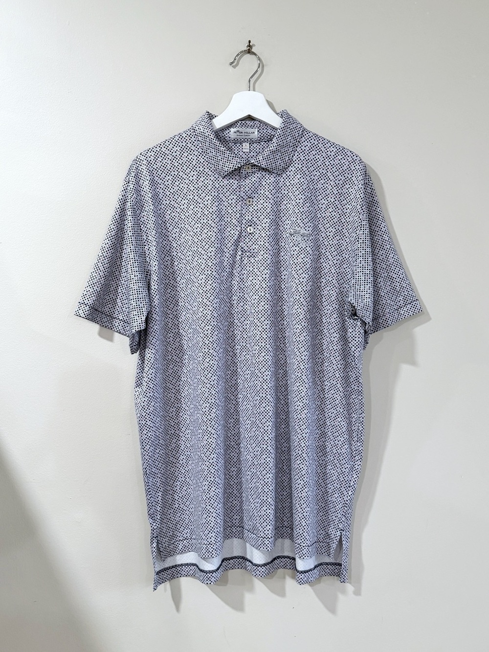Peter Millar Men L Blue White Geometric Summer Comfort Golf Polo Preppy